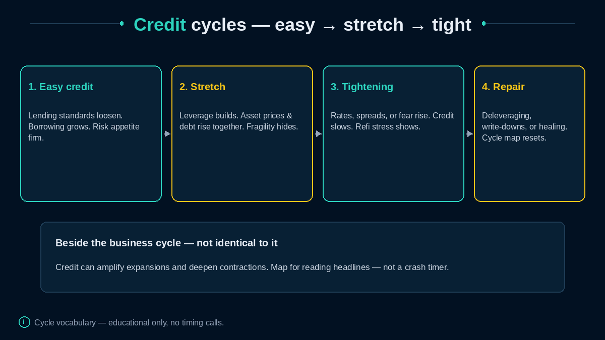 Easy credit, stretch, tightening, repair stages of a credit cycle