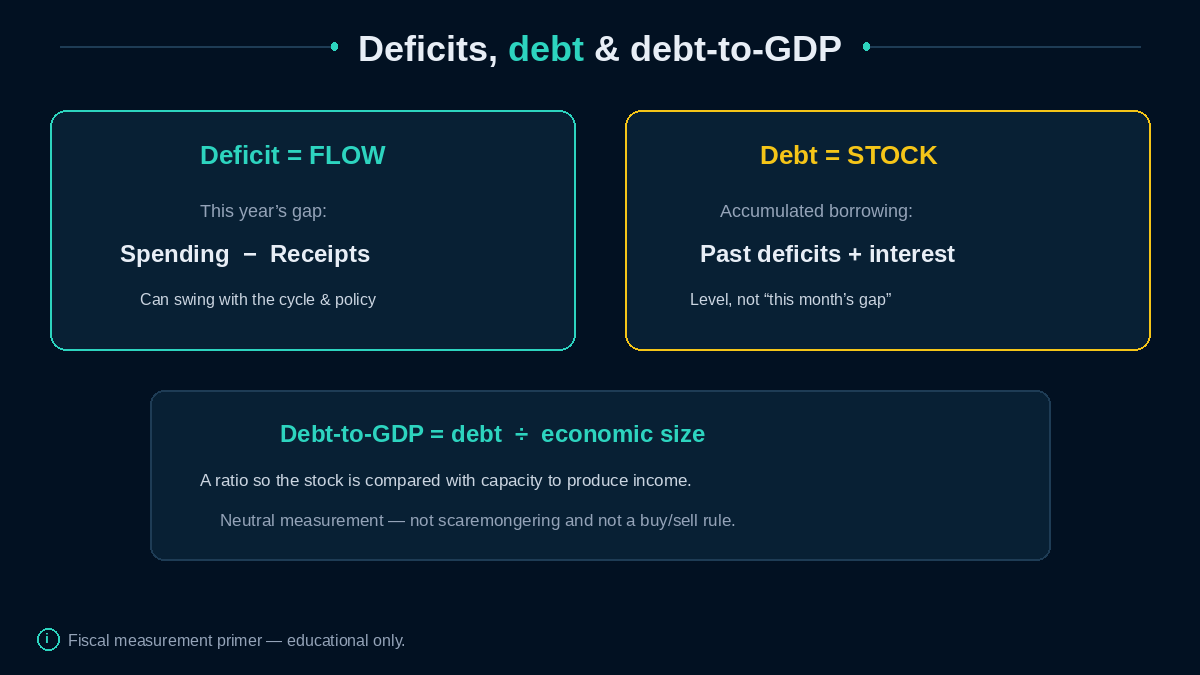 Deficit as flow, debt as stock, debt-to-GDP as ratio