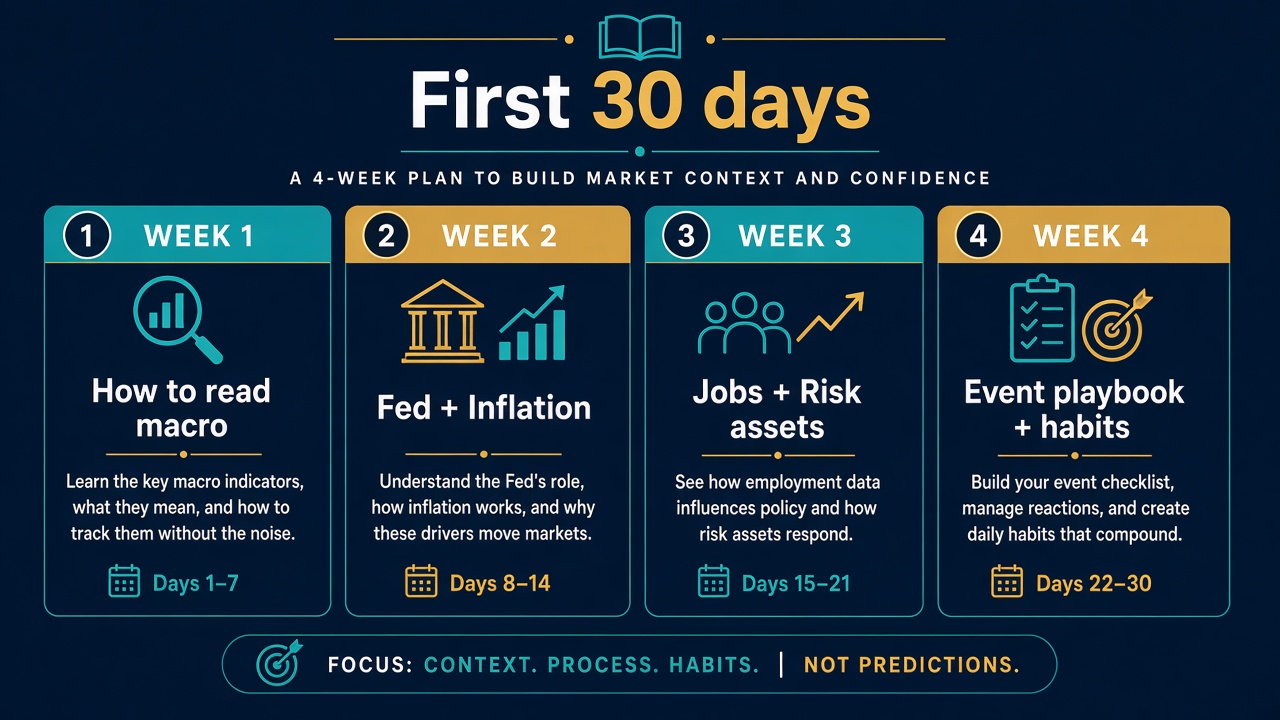 A four-week calendar path from Start here primers into policy, markets, and habits