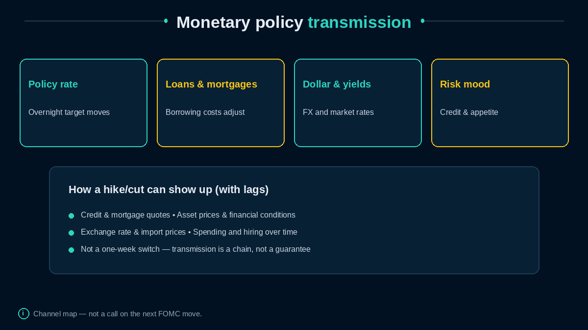 Policy rate to loans, dollar, and risk mood transmission hubs