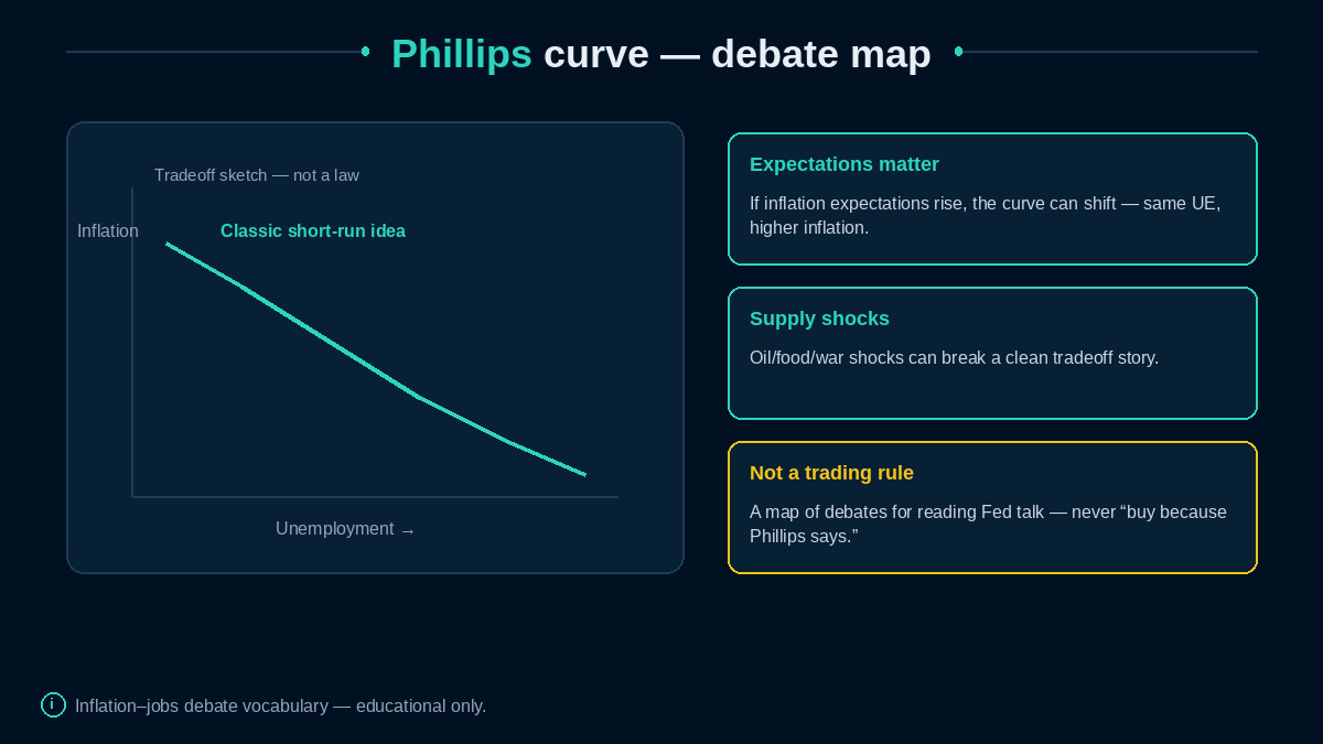 Phillips curve sketch with expectations and supply-shock debate cards