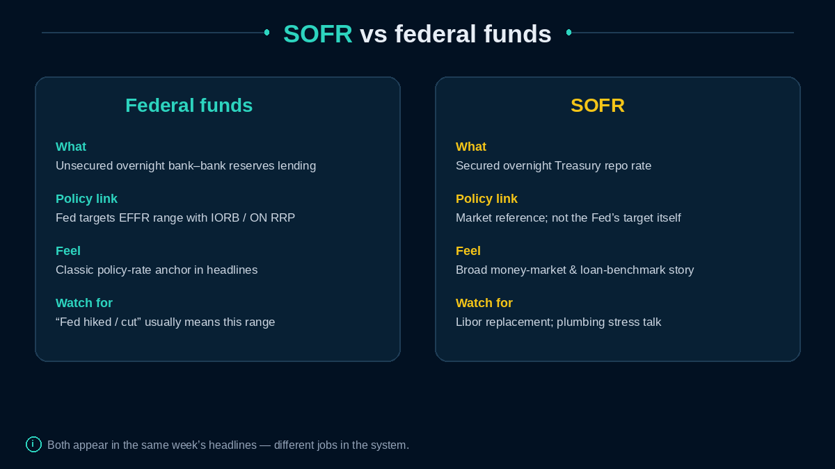 Side-by-side teaching cards for federal funds vs SOFR
