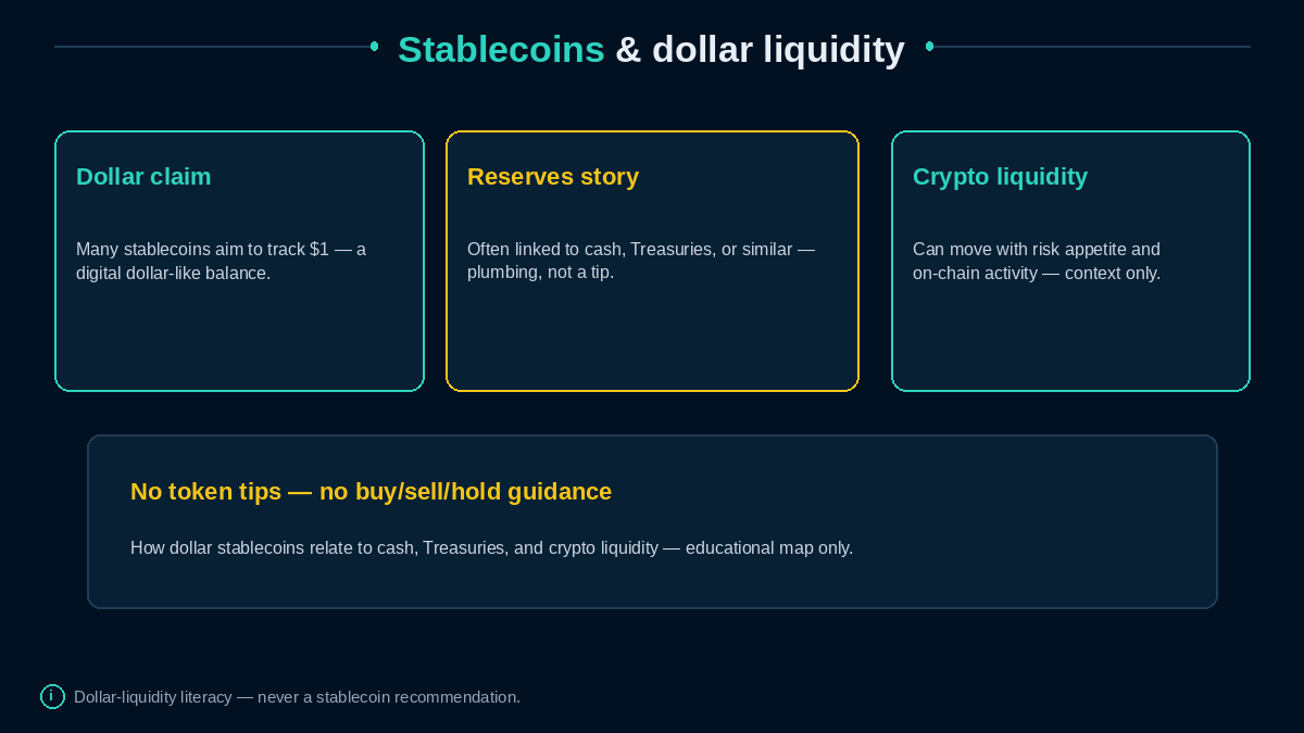 Dollar claim, reserves story, and crypto liquidity teaching cards