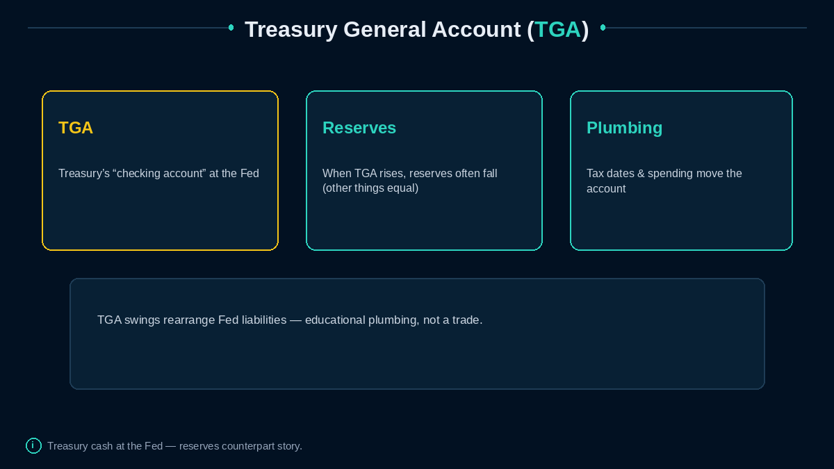 TGA vs bank reserves — Treasury cash at the Fed rearranges liabilities.